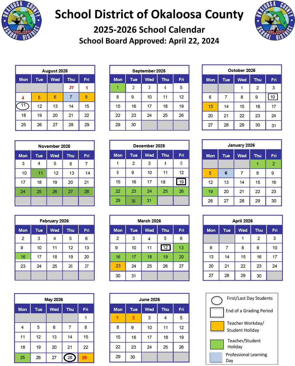 2025–26 Okaloosa County School District academic calendar with monthly breakdown
