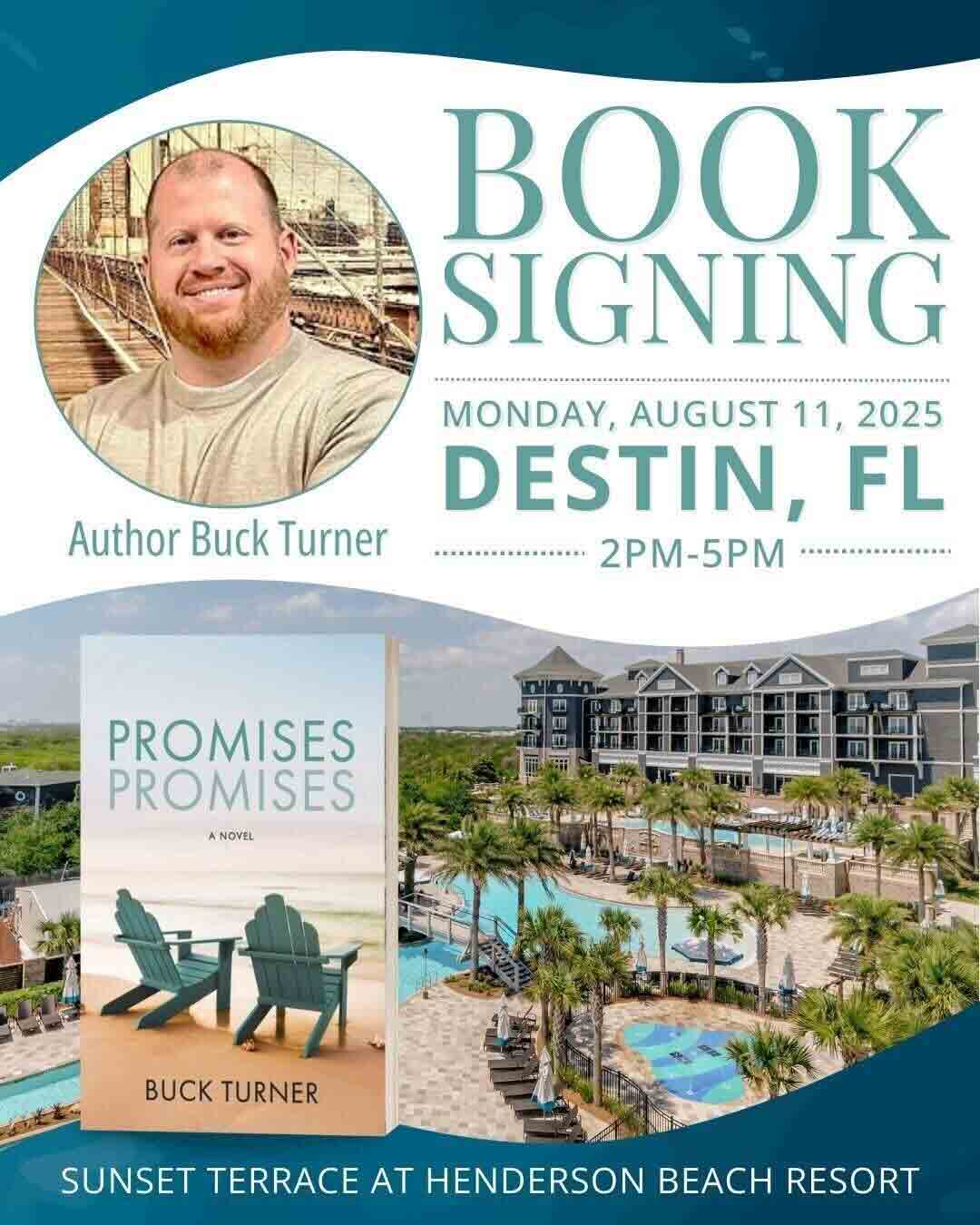 Cover of the novel Promises Promises in front of Henderson Beach Resort.