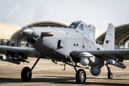 OA-1K Skyraider II on the runway at Eglin Air Force Base preparing for takeoff.