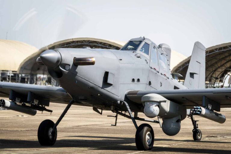 OA-1K Skyraider II on the runway at Eglin Air Force Base preparing for takeoff.