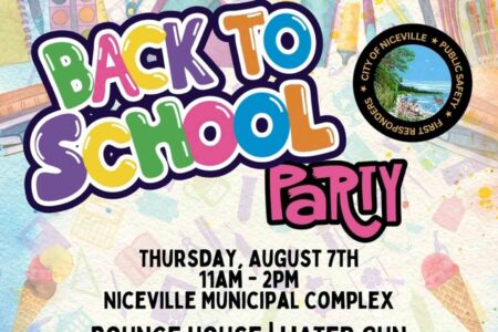 Back-to-school party flyer for August 7 event at Niceville Municipal Complex.
