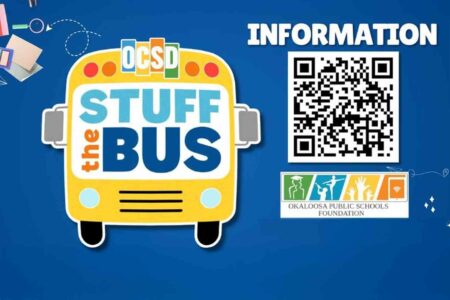 Stuff the Bus school supply drive logo with QR code and Okaloosa Public Schools Foundation branding