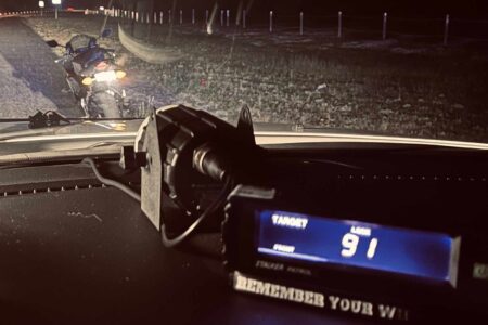 Motorcycle stopped at night with radar reading 91 mph