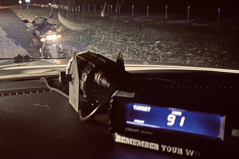 Motorcycle stopped at night with radar reading 91 mph
