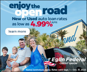 Eglin Federal Credit Union auto loan ad with family and open road theme.