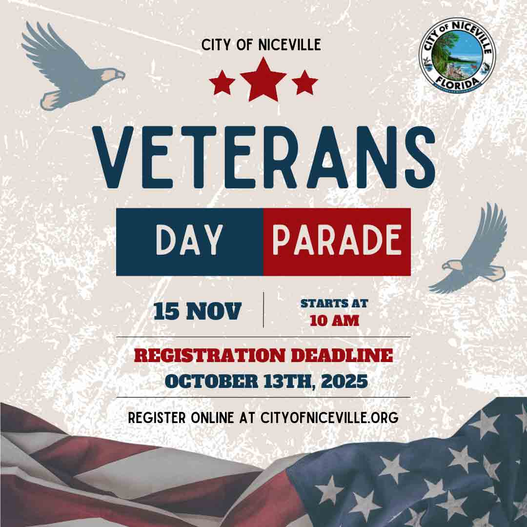 City of Niceville 2025 Veterans Day Parade announcement graphic with American flag background.