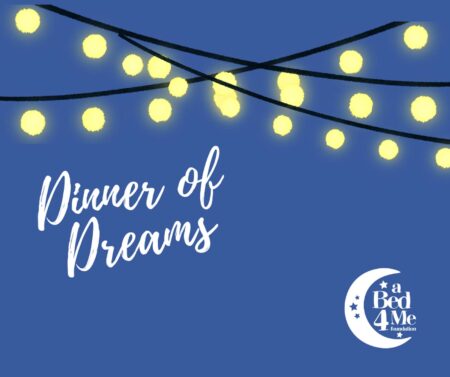 Dinner of Dreams event graphic with string lights and A Bed 4 Me logo
