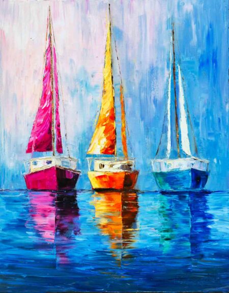 Oil painting of three colorful sailboats with reflections on the water.