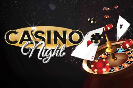 Casino night graphic with playing cards, poker chips, and event signage