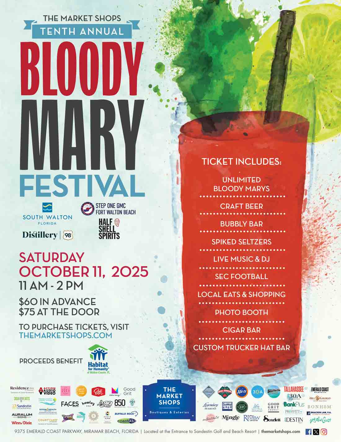 Poster for The Market Shops 10th Annual Bloody Mary Festival on October 11, 2025, in Miramar Beach.