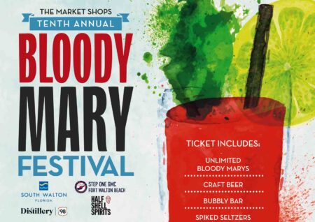 Poster for The Market Shops 10th Annual Bloody Mary Festival in Miramar Beach, highlighting unlimited bloody marys, craft beer, bubbly bar, and spiked seltzers.