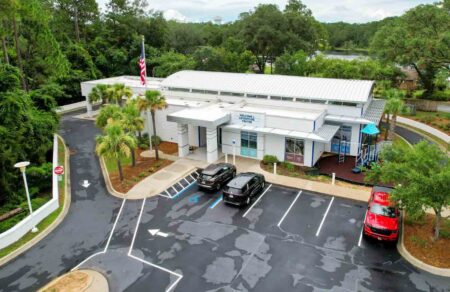 Aerial view of the Crestview Welcome + Adventure Center, home to the new library book lending machine and locker.