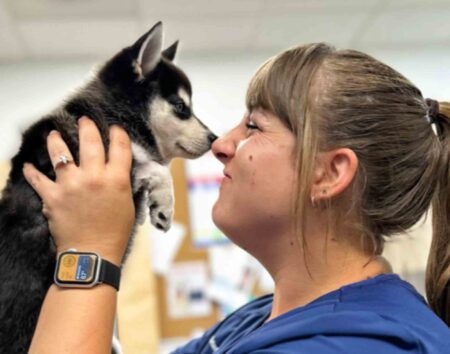 Veterinary technician Allyson Bundy shares a close moment with a husky puppy.