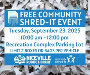 Free community Shred-It event flyer with shredded paper background.