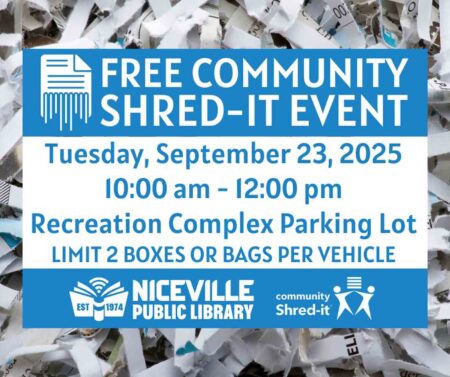 Free community Shred-It event flyer with shredded paper background.