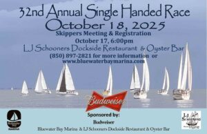 Poster promoting the 32nd Annual Single Handed Race at Bluewater Bay Marina on October 18, 2025.