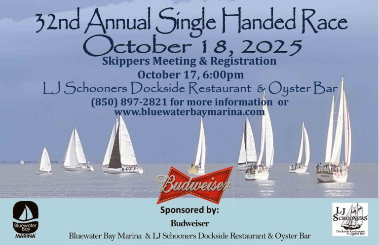2025 Single Handed Race set for October 18 at Bluewater Bay Marina Poster promoting the 32nd Annual Single Handed Race at Bluewater Bay Marina on October 18, 2025.