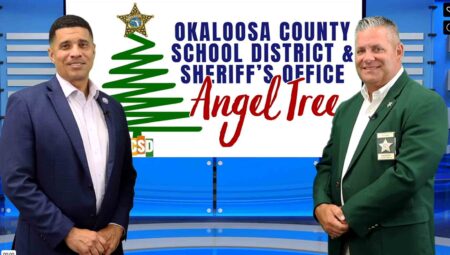 Sheriff Eric Aden and Superintendent Marcus Chambers announce the Angel Tree partnership between the Okaloosa County Sheriff’s Office and Okaloosa County School District.