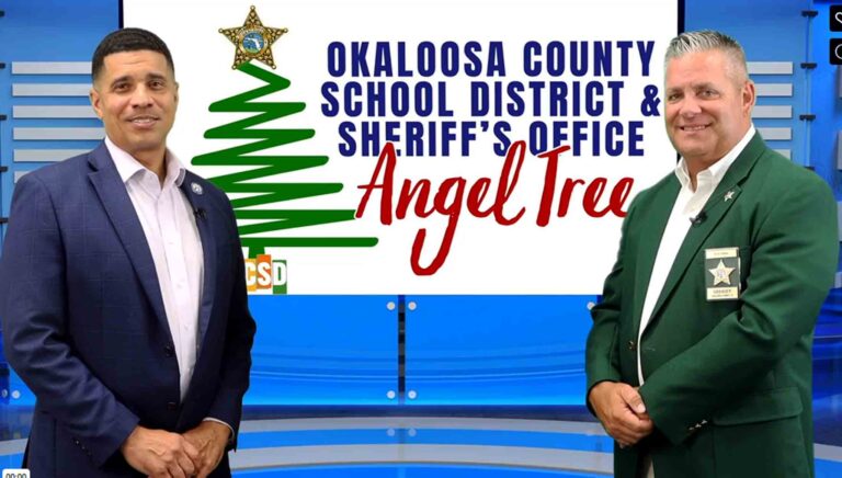 Sheriff Eric Aden and Superintendent Marcus Chambers announce the Angel Tree partnership between the Okaloosa County Sheriff’s Office and Okaloosa County School District.