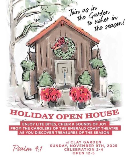 Illustrated flyer featuring a small garden shed decorated for the holidays with a wreath, red bow, potted plants, and festive greenery promoting Clay Gardens’ Holiday Open House event.