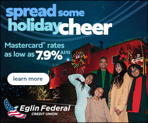 Family standing in front of a decorated holiday train with text promoting Eglin Federal Credit Union Mastercard rates.