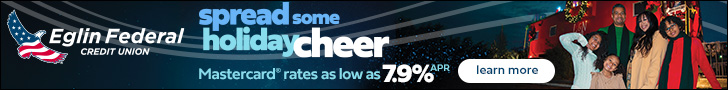 Banner ad showing a family near a decorated train promoting Eglin Federal Credit Union’s holiday Mastercard rates.