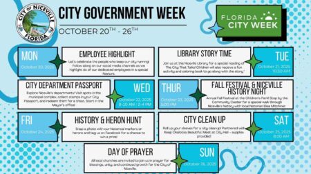 City of Niceville 2025 City Government Week schedule graphic listing daily events from October 20–26.