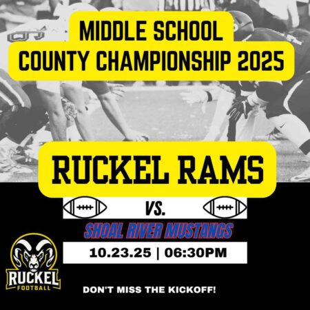 Ruckel Middle School Rams championship game graphic showing matchup details vs. Shoal River Mustangs.