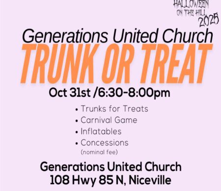 Families gather for Trunk or Treat at Generations United Church Flyer for Generations United Church’s Trunk or Treat event showing date, time, and location details.