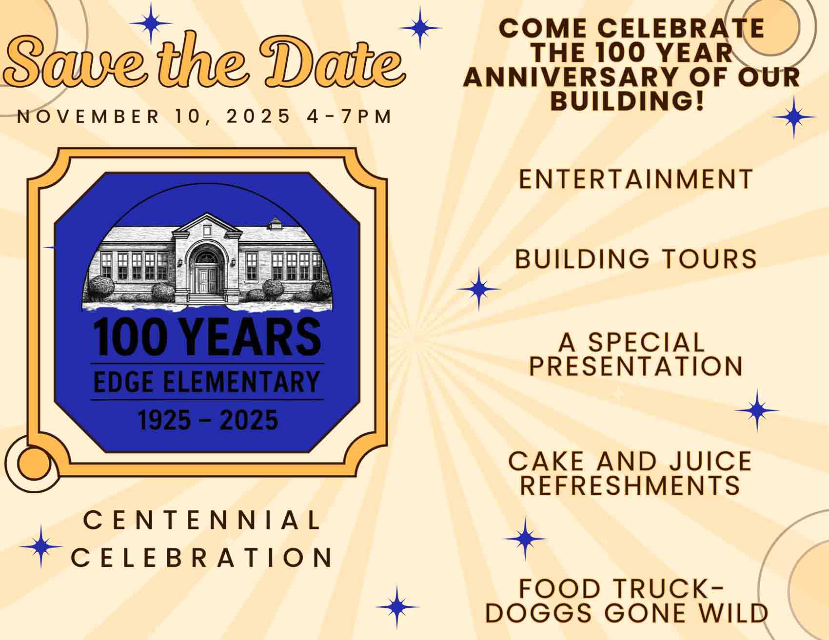 Centennial celebration flyer for Lula J. Edge Elementary School.