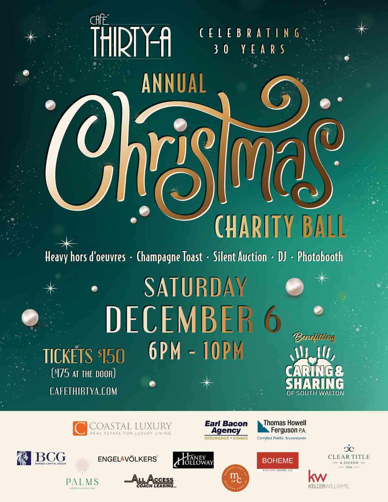 Full Café Thirty-A Christmas Charity Ball 2025 flyer with event details, date, and sponsors.