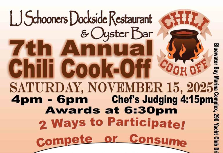Chili Cook-Off at LJ Schooners brings food, fun, and fundraising Promotional image for LJ Schooners Dockside Restaurant & Oyster Bar’s 7th Annual Chili Cook-Off, showing event date, time, and participation details.