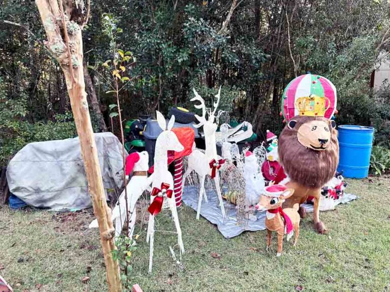 Community invited to help set up Geek Lights holiday show in Bluewater Bay A group of reindeer, a lion with a crown, and other light-up decorations are assembled for Geek Lights on the Corner in Bluewater Bay.