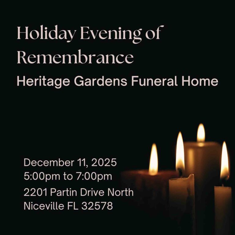 Lit candles against a dark background with text reading “Holiday Evening of Remembrance – Heritage Gardens Funeral Home, December 11, 2025, 5:00pm to 7:00pm, 2201 Partin Drive North, Niceville, FL 32578.”