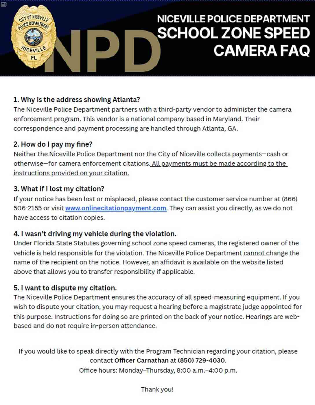 Niceville Police Department flyer explaining school zone speed camera FAQ information.