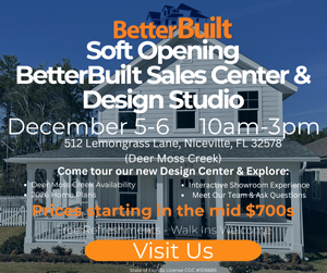 BetterBuilt soft opening banner promoting the new Sales Center and Design Studio in Niceville.