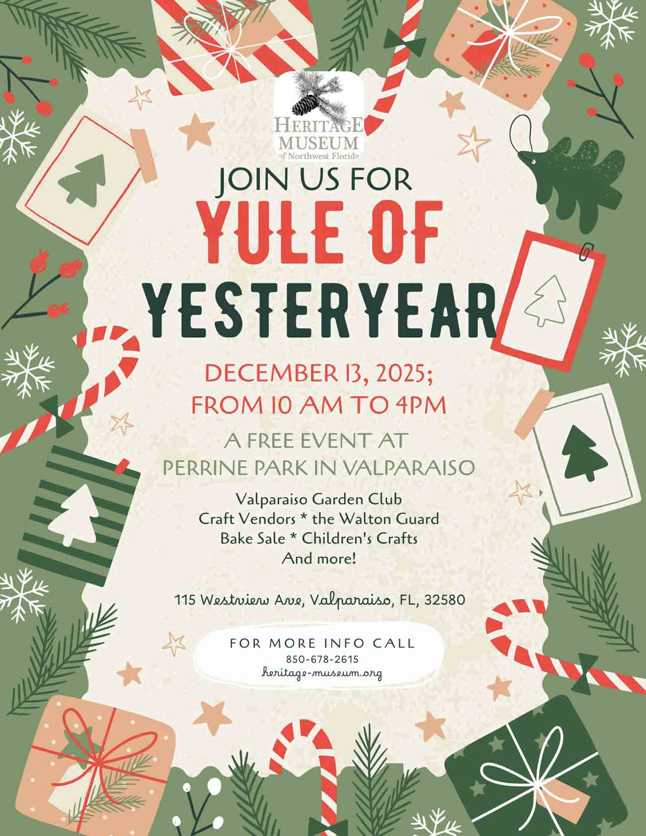 Promotional flyer for the 2025 Yule of Yesteryear event presented by the Heritage Museum of Northwest Florida.