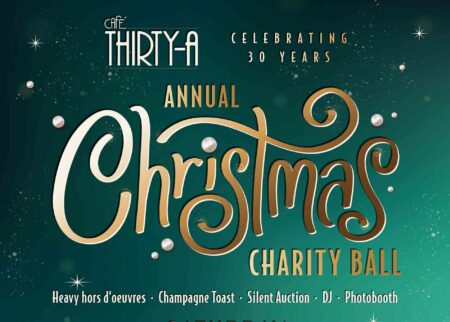 Café Thirty-A Annual Christmas Charity Ball graphic highlighting 30-year celebration.