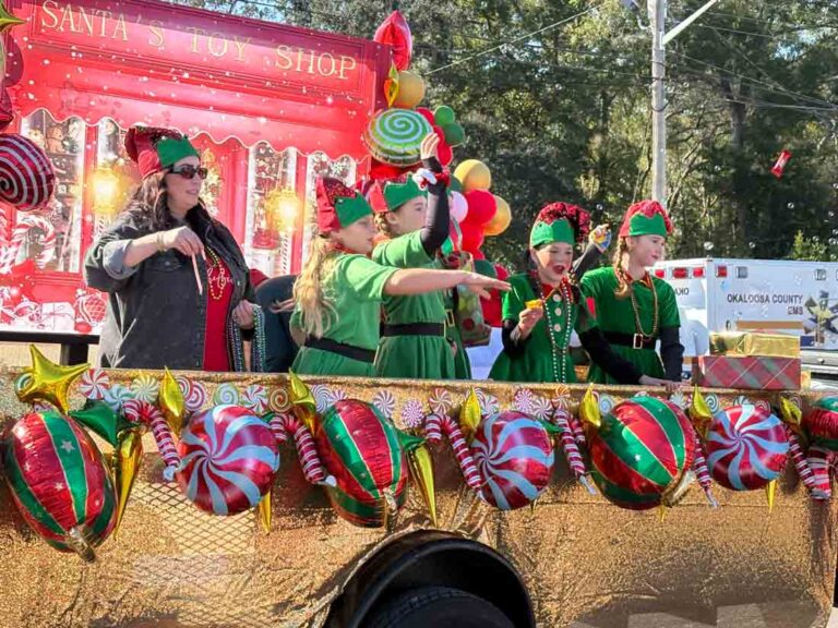 Children dressed as Christmas elves ride a festive float decorated with candy and ornaments during the Niceville Christmas Parade.