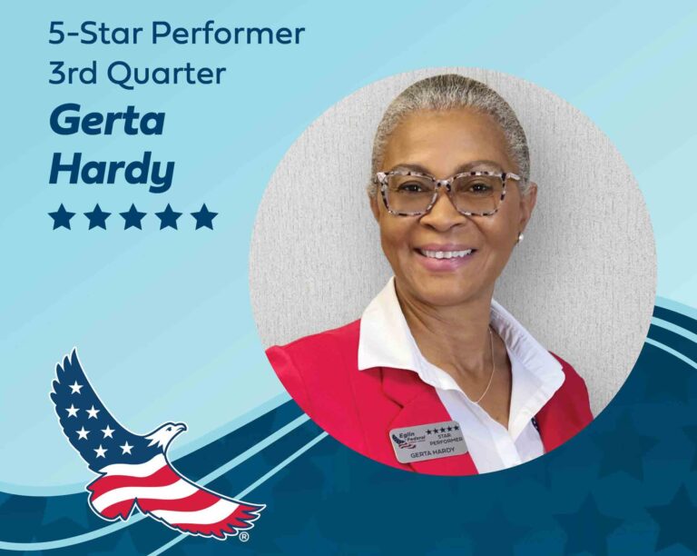 Eglin FCU recognizes Crestview’s Gerta Hardy for leadership, teamwork Portrait graphic of Gerta Hardy wearing a red blazer, smiling, with the Eglin Federal Credit Union eagle logo and “5-Star Performer 3rd Quarter Gerta Hardy” text.