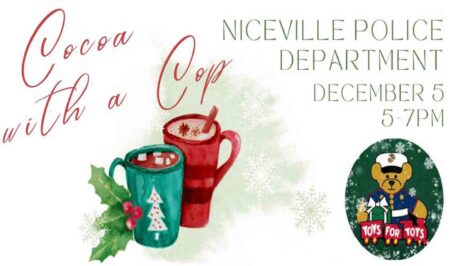 Cocoa with a Cop returns as Toys for Tots donations open at NPD Holiday-themed graphic showing two mugs of cocoa and a Toys for Tots teddy bear logo promoting the Niceville Police Department’s Cocoa with a Cop event.