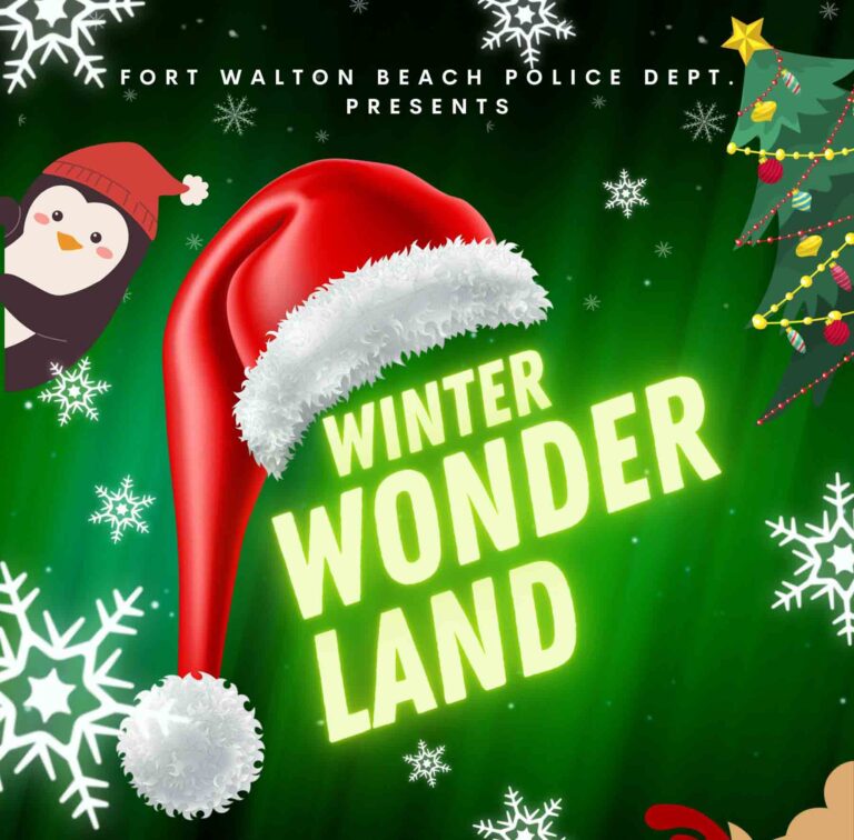 Graphic for the Fort Walton Beach Police Department’s 2025 Winter Wonderland event showing a Santa hat, snowflakes, Christmas characters, and event dates.
