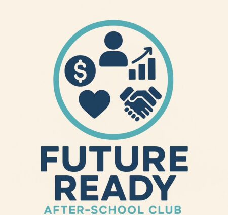 Future Ready after-school club logo featuring icons for money, personal growth, relationships, and well-being.