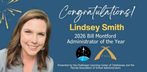 Fort Walton Beach principal wins 2026 state administrator award Lindsey Smith smiling in front of a graphic announcing her as the 2026 Bill Montford Administrator of the Year.