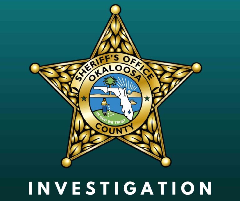 Okaloosa County Sheriff’s Office badge displayed on a green background with the word “Investigation” beneath it.