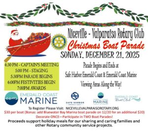 Christmas Boat Parade set for Dec. 21 on Boggy Bayou Promotional graphic for the Niceville–Valparaiso Rotary Club Christmas Boat Parade on December 21, 2025, featuring Santa in a red boat and event schedule details.