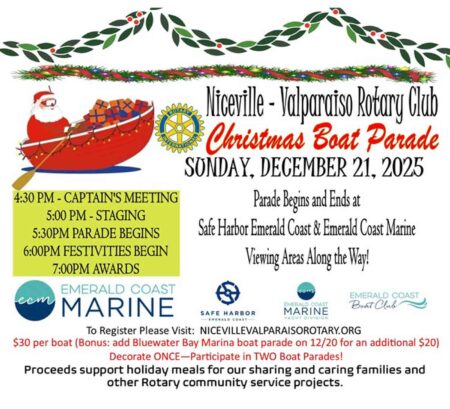 Promotional graphic for the Niceville–Valparaiso Rotary Club Christmas Boat Parade on December 21, 2025, featuring Santa in a red boat and event schedule details.