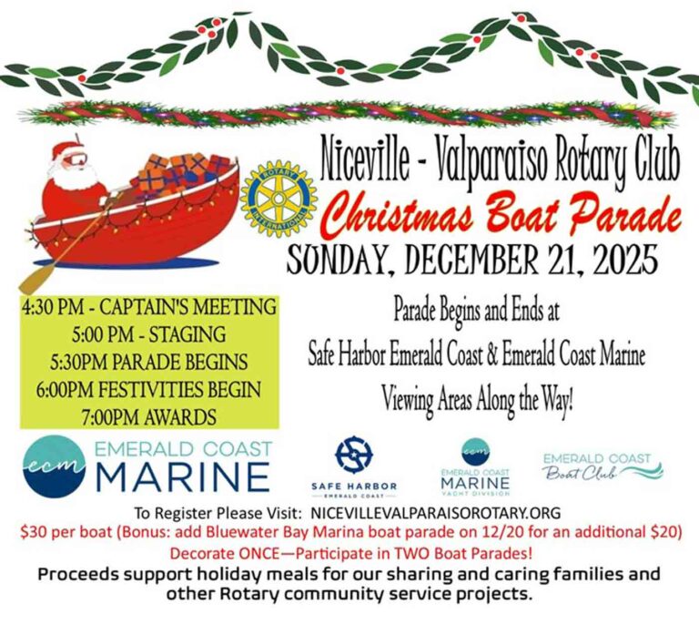 Promotional graphic for the Niceville–Valparaiso Rotary Club Christmas Boat Parade on December 21, 2025, featuring Santa in a red boat and event schedule details.