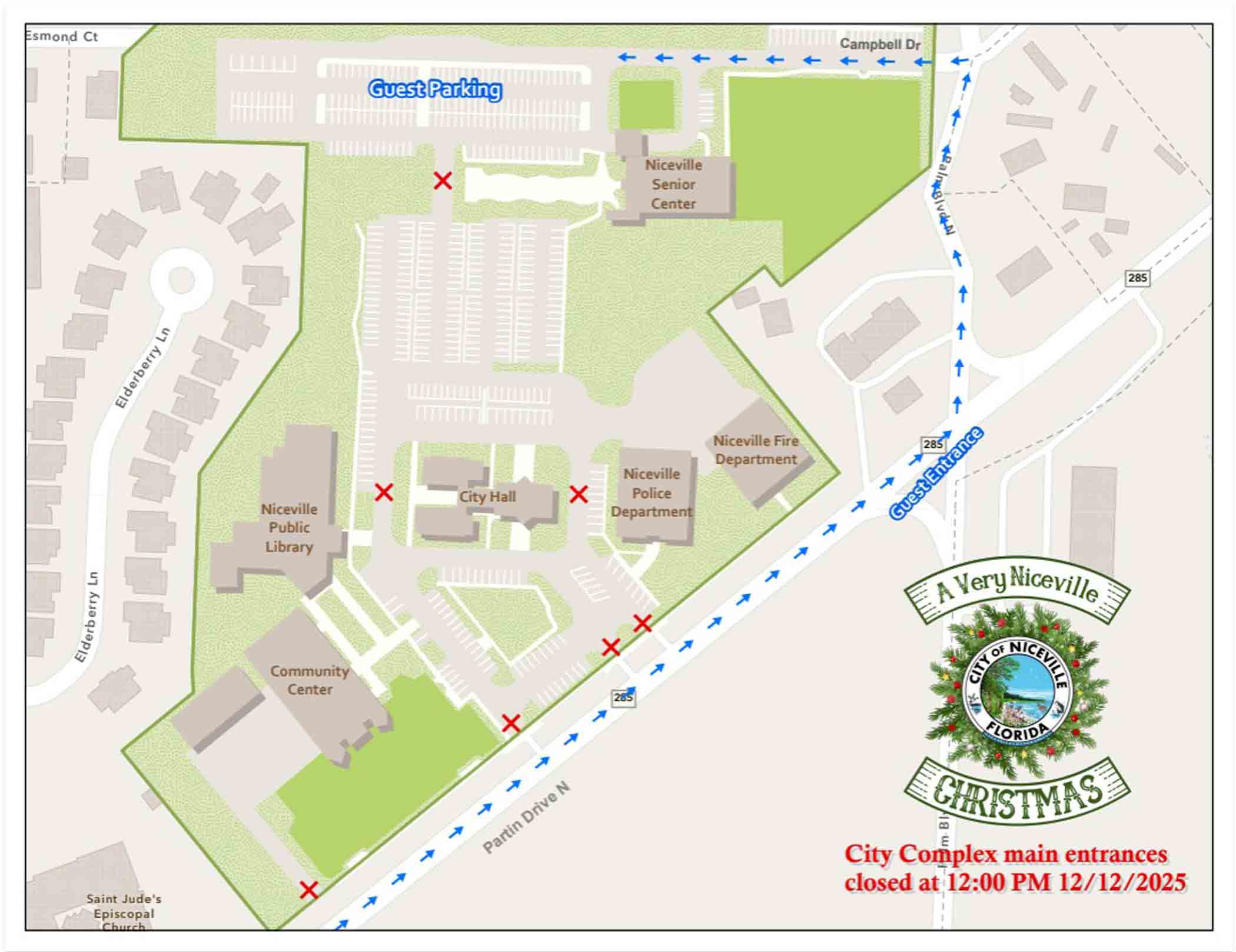 Map of Niceville Municipal Complex showing temporary parking closures and guest entrance for A Very Niceville Christmas.