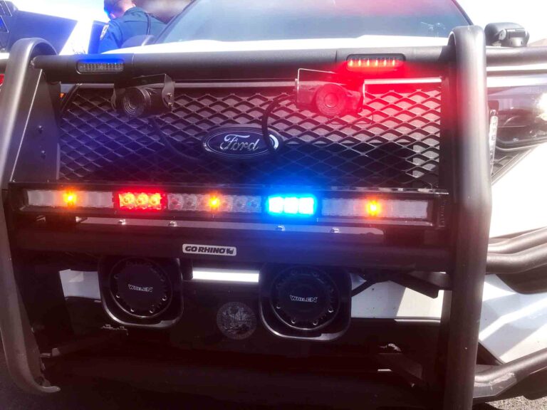 Front push bumper and emergency lights on a Walton County Sheriff’s Office patrol vehicle.